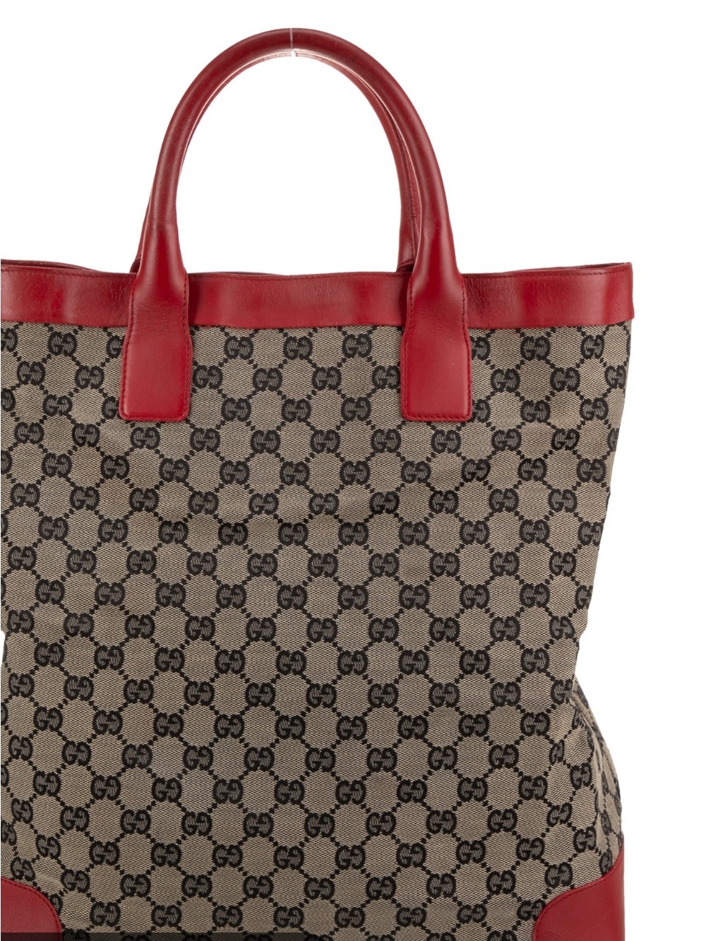 Authentic Gucci Beige GG Canvas Tote with Red Leather Trim and Handles #002-1121